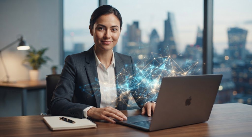 Profesional con laptop y red de datos luminosa